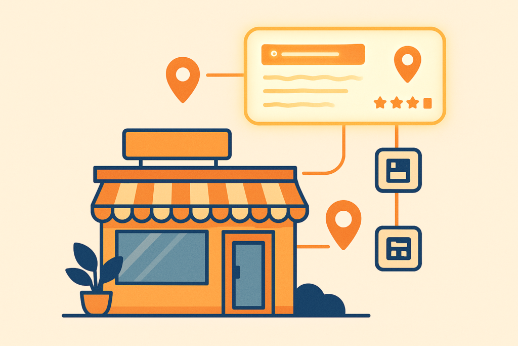 Illustration of an orange storefront with a striped awning and potted plant, linked to location pins and a star-rated search result card.