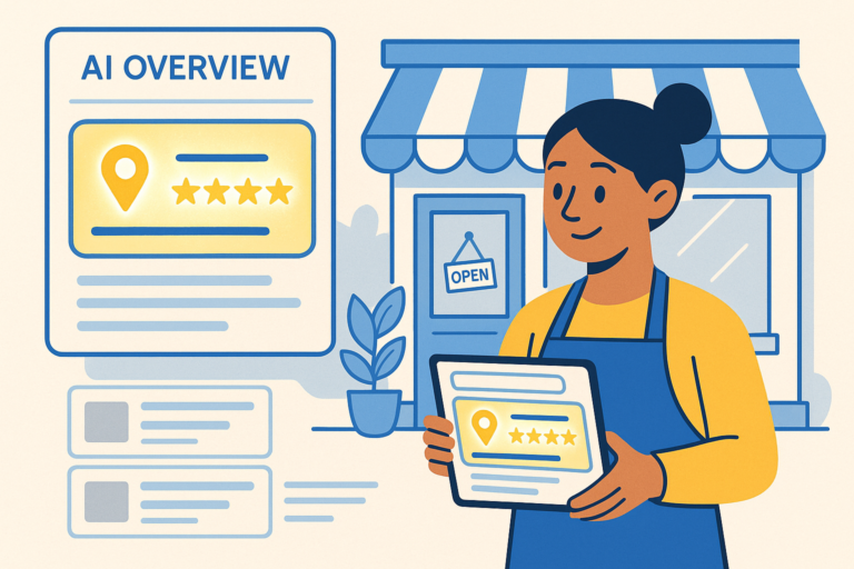 Small business owner in an apron holds a tablet showing star reviews beside her storefront and a Google AI Overview search panel.