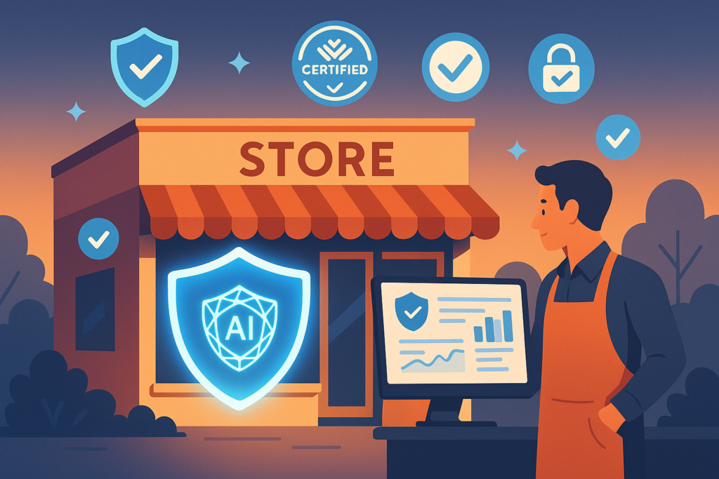 Illustration of a storefront with a glowing blue AI shield, security badges, and an aproned shop owner viewing an analytics dashboard on a monitor.