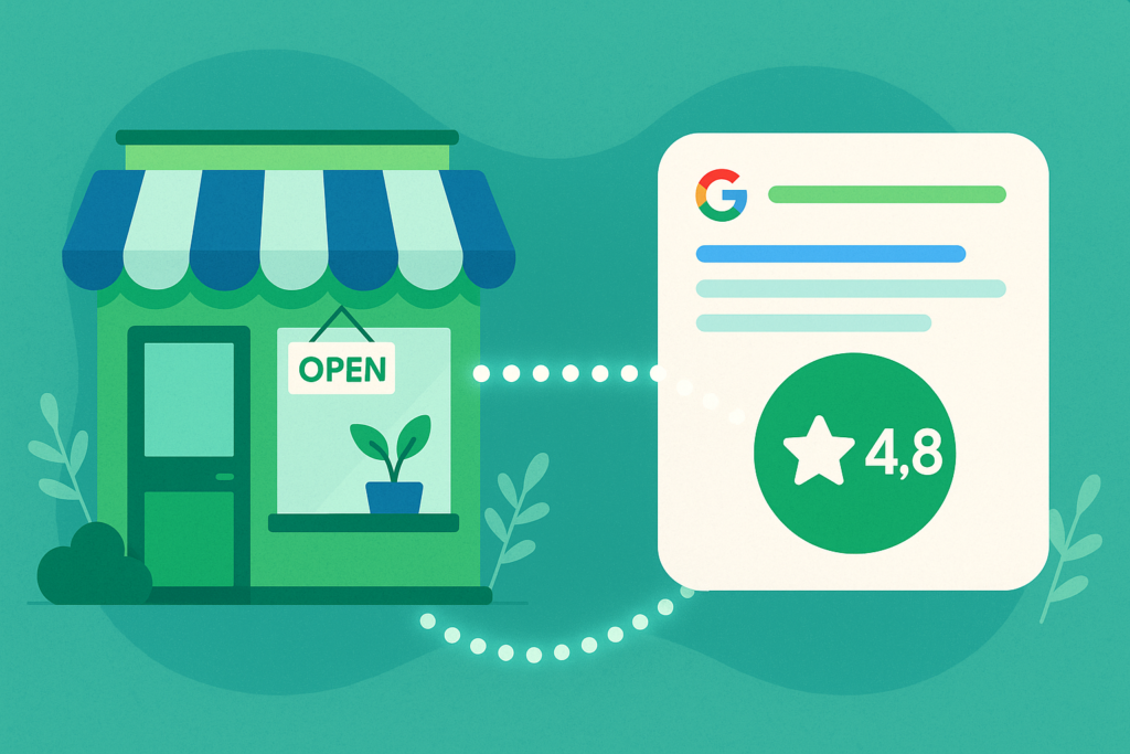 Illustration of a green storefront with an OPEN sign linked by a dotted line to a Google search card showing a 4.8 star rating.