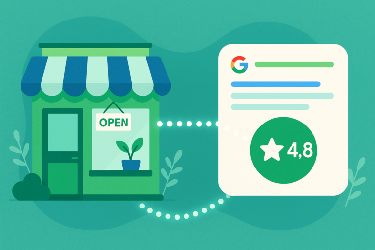 Illustration of a green storefront with an OPEN sign linked by a dotted line to a Google search card showing a 4.8 star rating.