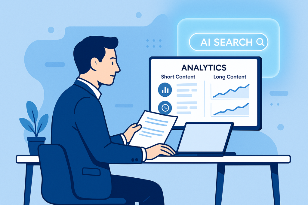 Man in a blue suit at a desk holding a report, viewing an analytics monitor comparing short vs long content charts beside an AI Search bar.