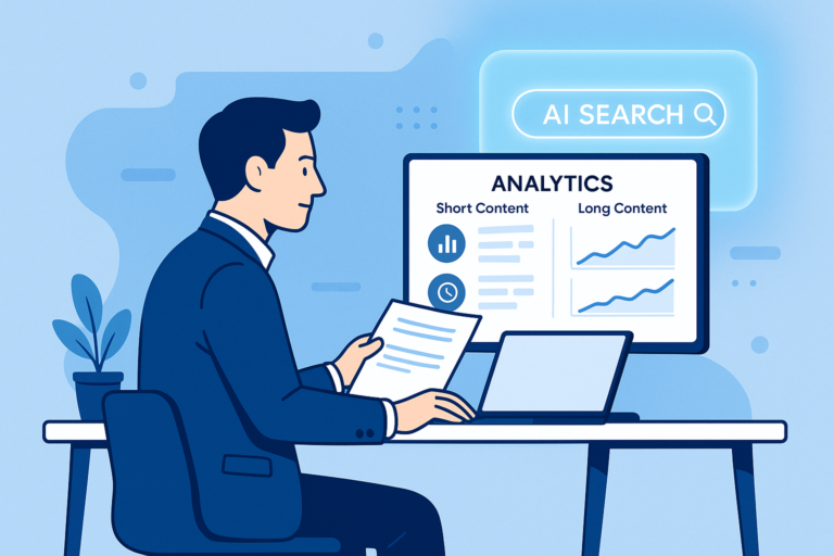 Man in a blue suit at a desk holding a report, viewing an analytics monitor comparing short vs long content charts beside an AI Search bar.