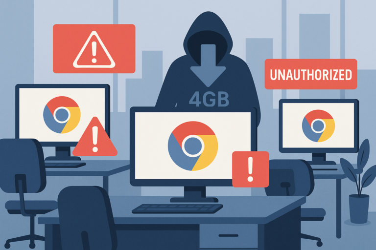 Illustration of a hooded figure labeled 4GB behind three desktop monitors showing Chrome logos, with red warning and UNAUTHORIZED alerts.
