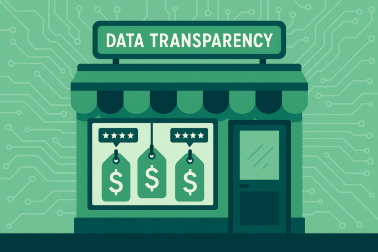 Green storefront labeled "Data Transparency" with dollar-sign price tags and star ratings in the window, set against a circuit-board background.