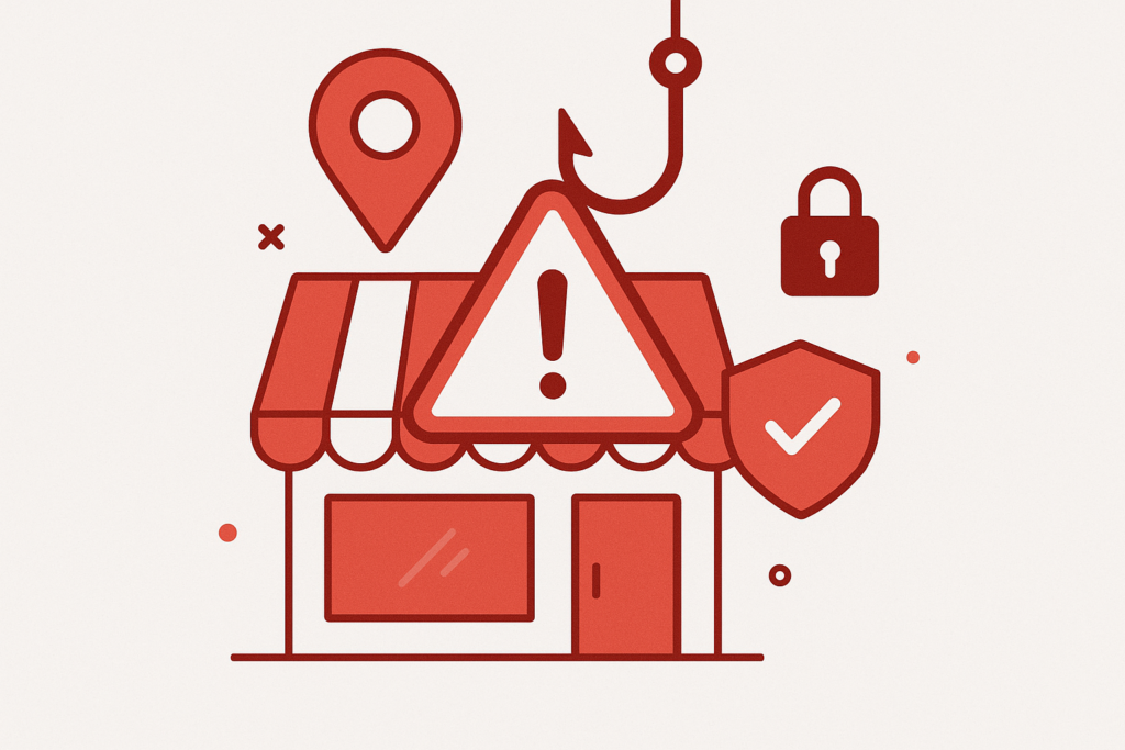 Red line illustration of a storefront with a map pin, fishing hook, padlock, checkmark shield, and a warning triangle.
