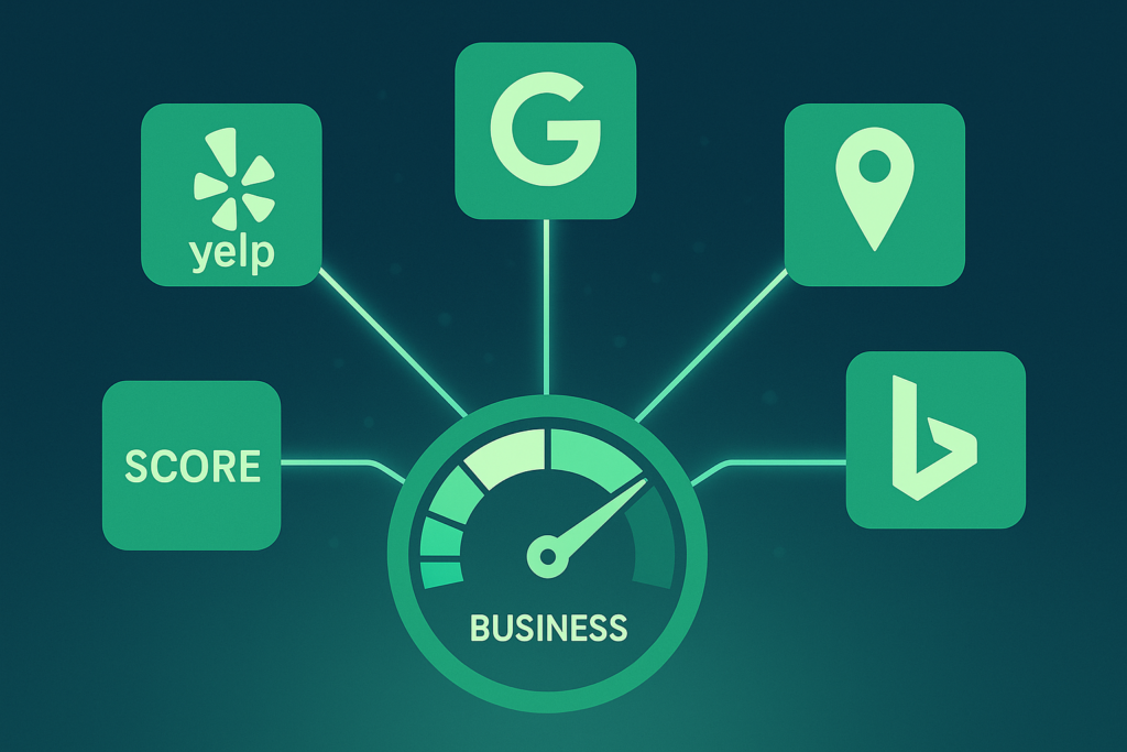 Green icons for Yelp, Google, a map pin, Bing, and a SCORE label connected by glowing lines to a central business gauge on a dark teal background.
