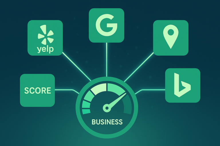 Green icons for Yelp, Google, a map pin, Bing, and a SCORE label connected by glowing lines to a central business gauge on a dark teal background.