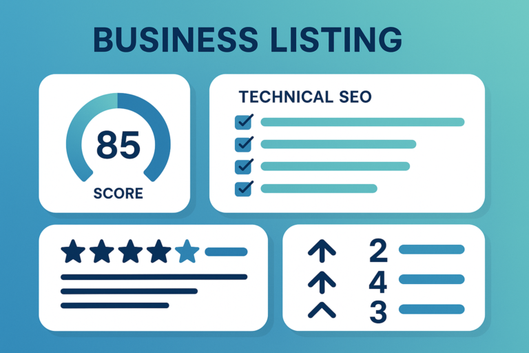 Business listing dashboard on a blue gradient showing an 85 score gauge, a Technical SEO checklist, a star rating, and upward ranking arrows.