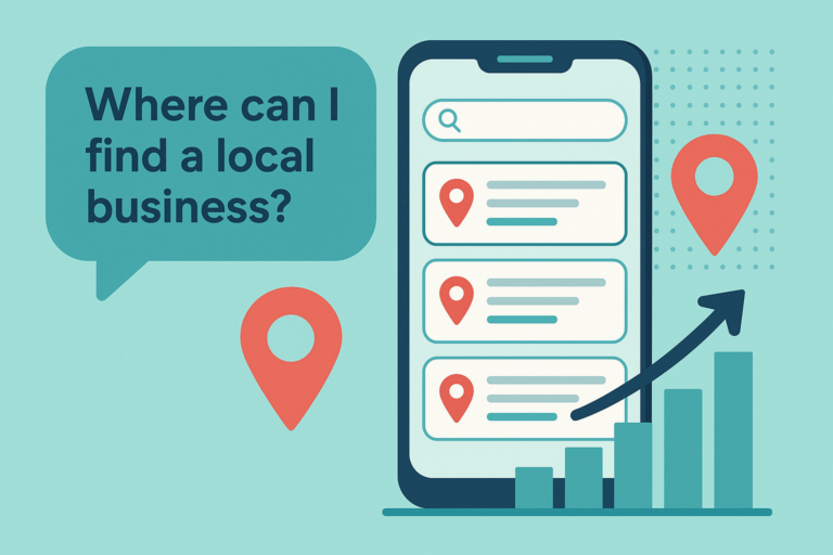 Smartphone showing a search bar and list of location-pinned results beside a speech bubble asking "Where can I find a local business?" and a rising bar chart wi
