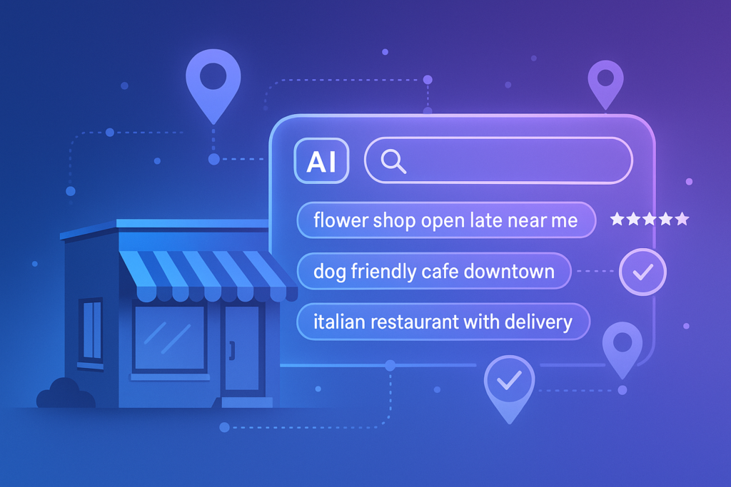 Glowing blue storefront beside an AI search bar showing local business queries, map pins, and checkmarks on a dark background.