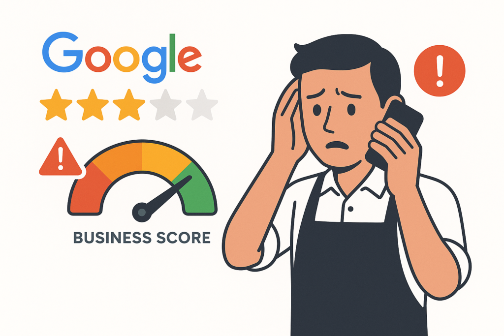 Worried man in an apron on the phone beside a Google three-star rating, a red warning triangle, and a low "Business Score" gauge.