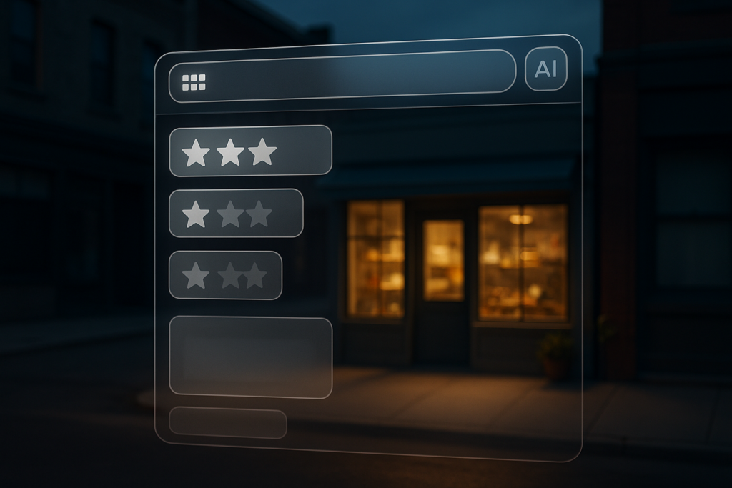 Translucent AI browser window with star ratings hovering over a dark, dimly lit storefront at dusk on a quiet street.