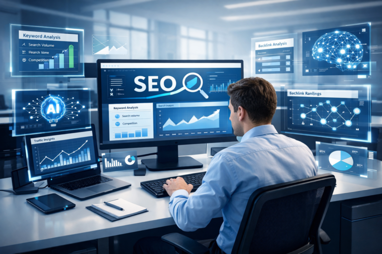 Man at a desk viewing an SEO dashboard on a monitor surrounded by floating AI charts, keyword analysis, and backlink graphs.
