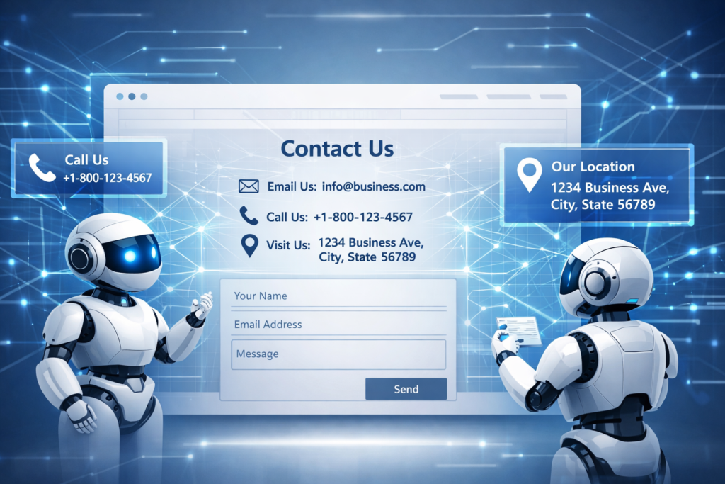 Two white robots beside a digital Contact Us form showing phone, email, and address fields with a Send button on a blue network background.