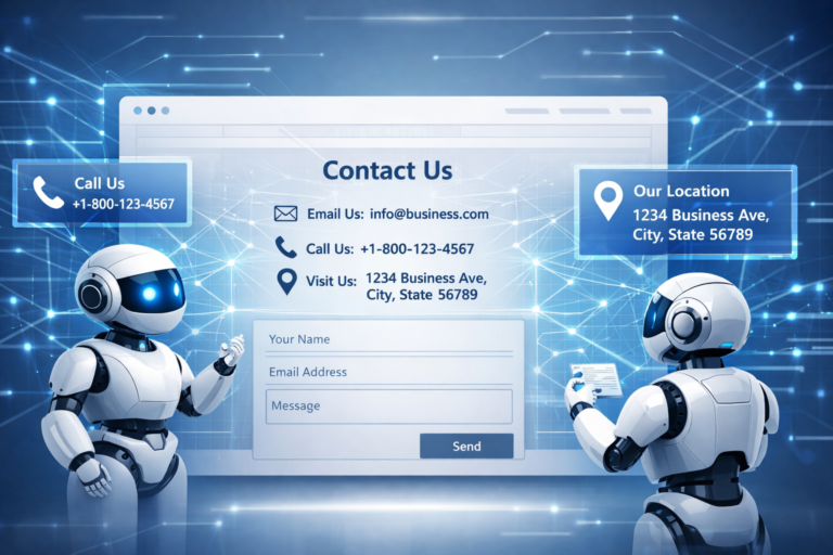 Two white robots beside a digital Contact Us form showing phone, email, and address fields with a Send button on a blue network background.