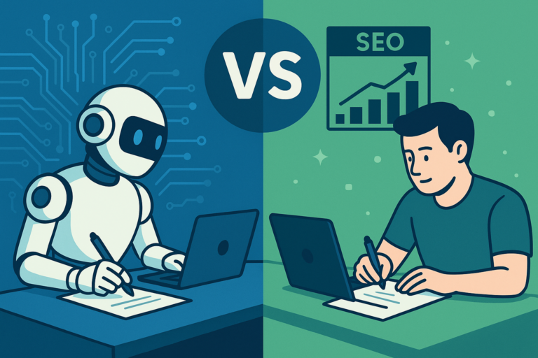 Split-screen illustration of a white robot writing on a laptop versus a man writing at a laptop below an SEO growth chart, divided by "VS".