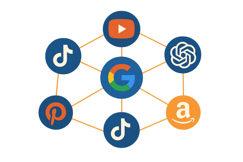 Diagram of a central Google logo connected by orange lines to YouTube, OpenAI, Amazon, Pinterest, and two TikTok platform icons.