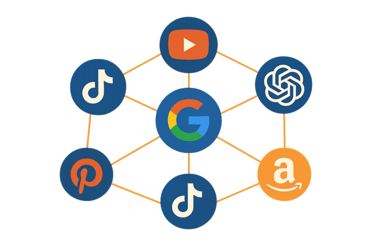 Diagram of a central Google logo connected by orange lines to YouTube, OpenAI, Amazon, Pinterest, and two TikTok platform icons.