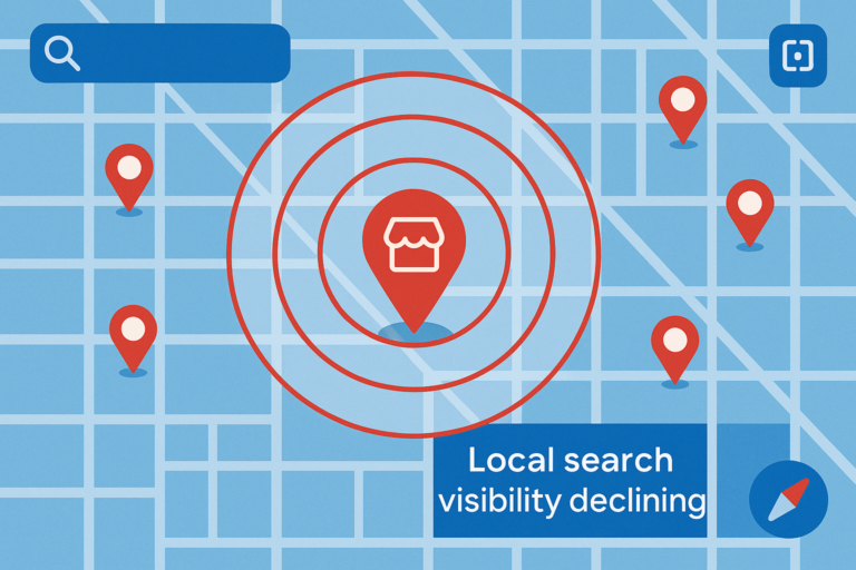 Blue map graphic with red store location pin emitting shrinking concentric radius rings, surrounded by scattered pins and a "Local search visibility declining"