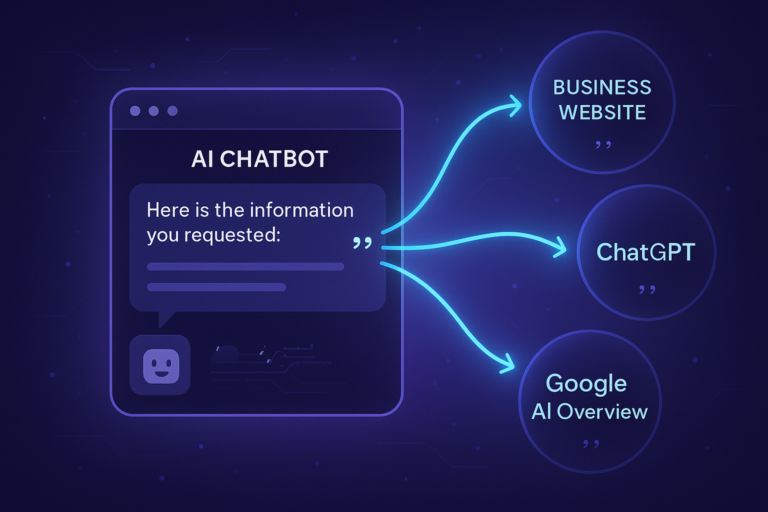 Diagram of an AI chatbot window with arrows pointing to three circles labeled Business Website, ChatGPT, and Google AI Overview.