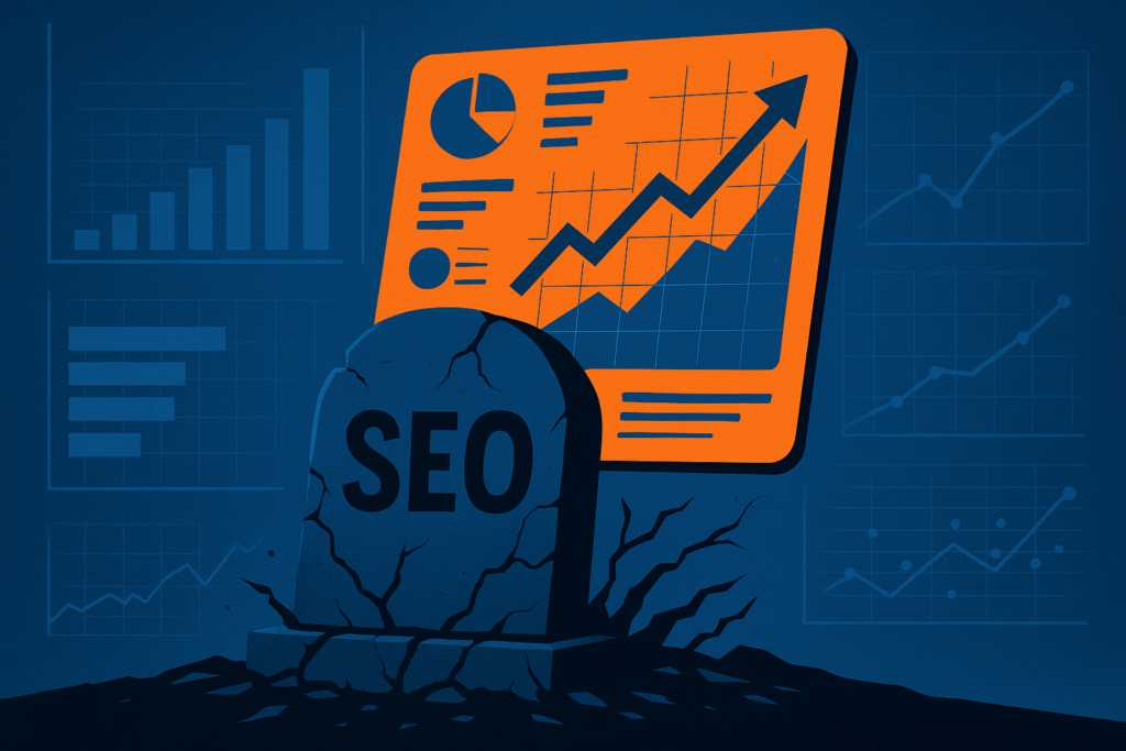 Cracked gray tombstone labeled SEO beside an orange screen showing a rising arrow graph and pie charts against blue analytics dashboards.