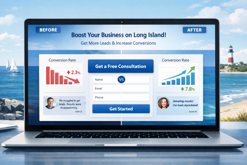 Laptop showing a before/after landing page comparison with declining 2.3% and rising 7.8% conversion charts and a lead form.