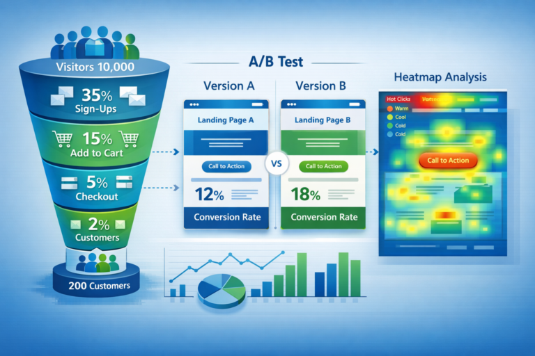 Conversion funnel chart with sign-up and checkout stages beside an A/B test comparing landing pages and a click heatmap analysis.