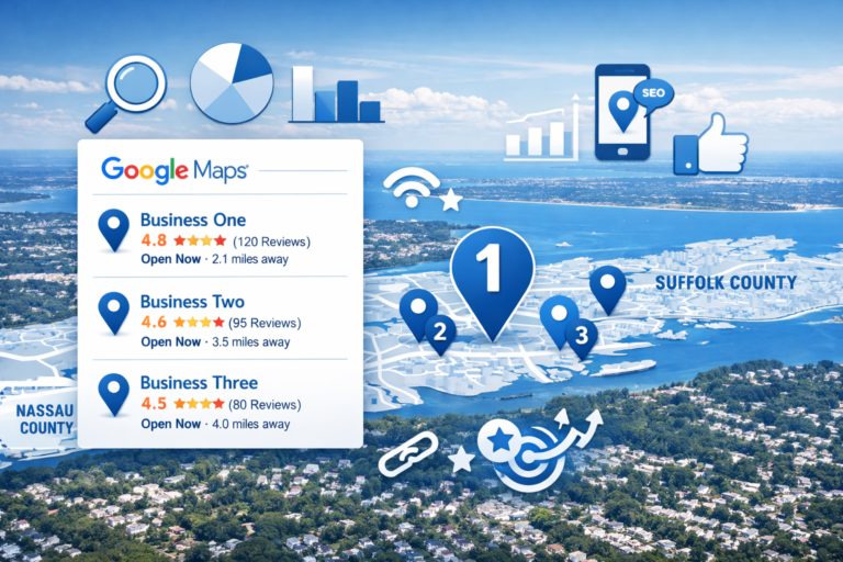 Google Maps local business ranking panel with star ratings over an aerial view of Nassau and Suffolk County, ringed by SEO, social, and chart icons.