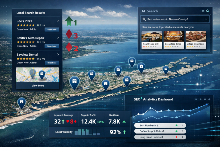 Aerial coastal map with map-pin markers overlaid by local search results, an AI Search restaurant panel, and an SEO analytics dashboard.