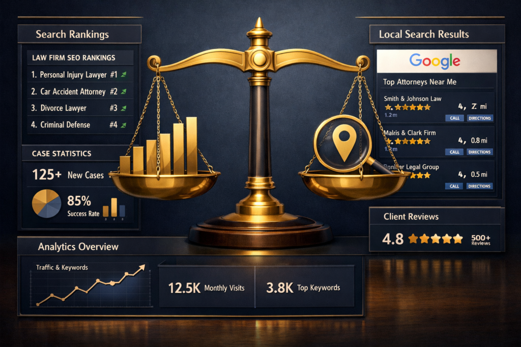 Golden balance scale beside a law firm SEO dashboard showing search rankings, local Google results, client reviews, and analytics charts.