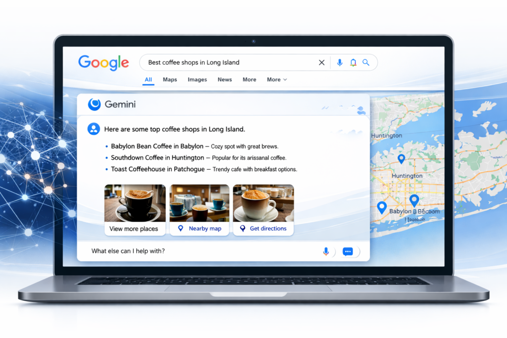 Laptop displaying a Google Gemini search result for "best coffee shops in Long Island" with listed cafes, photos, and a map.
