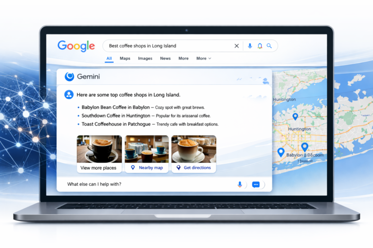 Laptop displaying a Google Gemini search result for "best coffee shops in Long Island" with listed cafes, photos, and a map.