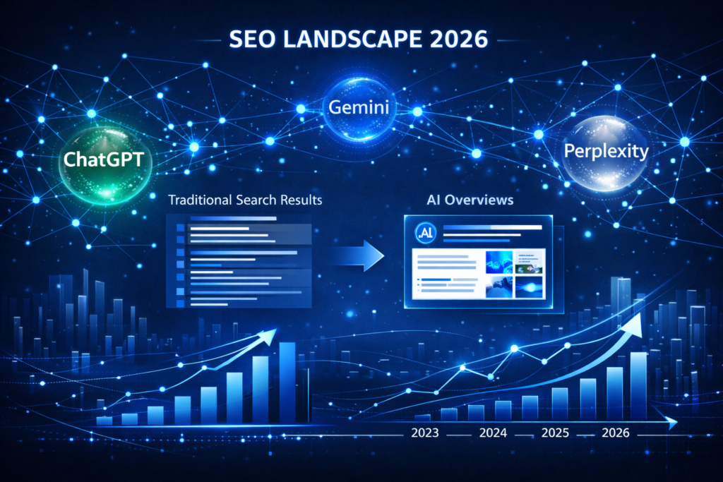 Blue "SEO Landscape 2026" infographic showing ChatGPT, Gemini, and Perplexity orbs, a search-to-AI-Overviews arrow, and rising bar charts through 2026.