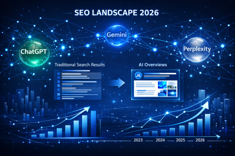 Blue "SEO Landscape 2026" infographic showing ChatGPT, Gemini, and Perplexity orbs, a search-to-AI-Overviews arrow, and rising bar charts through 2026.