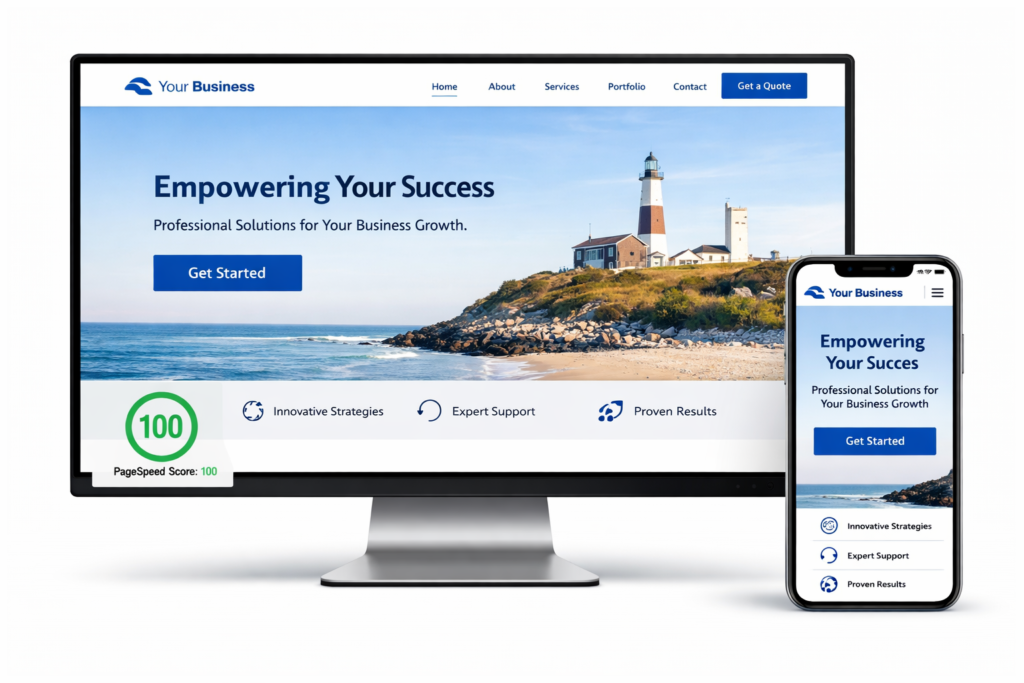Desktop monitor and smartphone displaying a small business website with a lighthouse hero image, "Get Started" buttons, and a green 100 PageSpeed score.