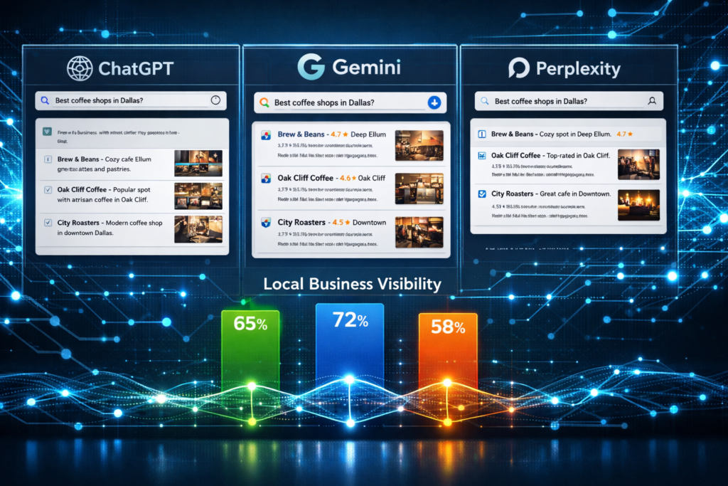 ChatGPT, Gemini, and Perplexity search panels showing Dallas coffee shop results above a Local Business Visibility bar chart of 65%, 72%, and 58%.