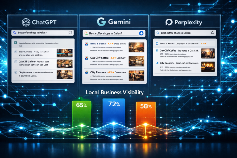 ChatGPT, Gemini, and Perplexity search panels showing Dallas coffee shop results above a Local Business Visibility bar chart of 65%, 72%, and 58%.