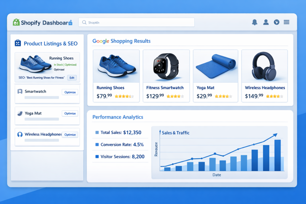 Shopify dashboard showing Google Shopping results for running shoes, smartwatch, yoga mat, and headphones beside a rising sales analytics chart.