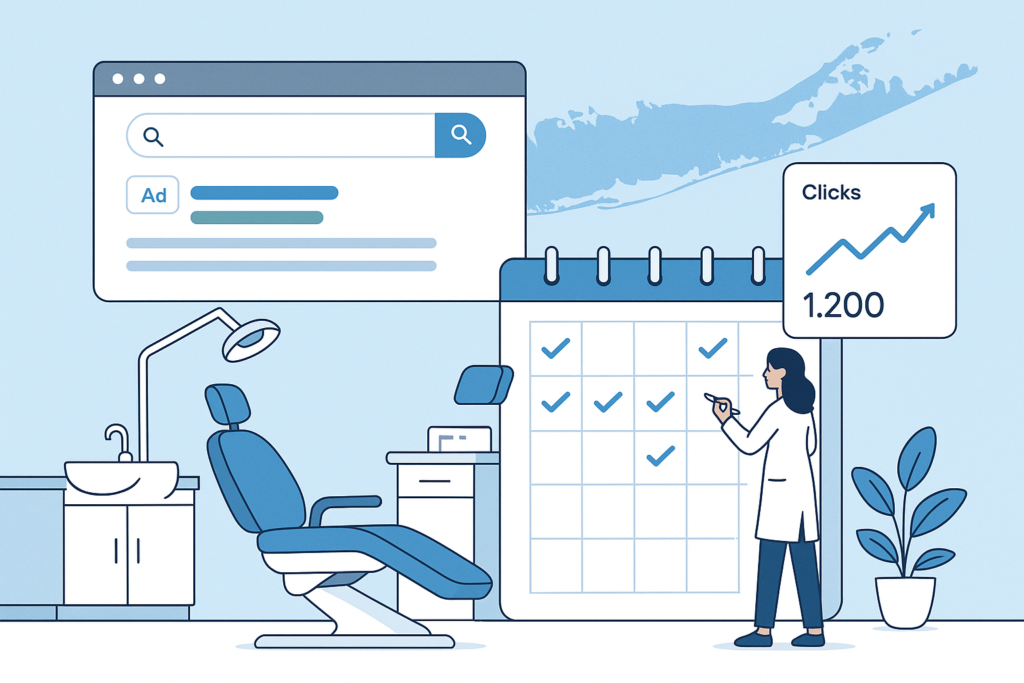 Dentist beside a checkmarked calendar, dental chair, search ad browser window, and a 1,200 clicks growth chart.