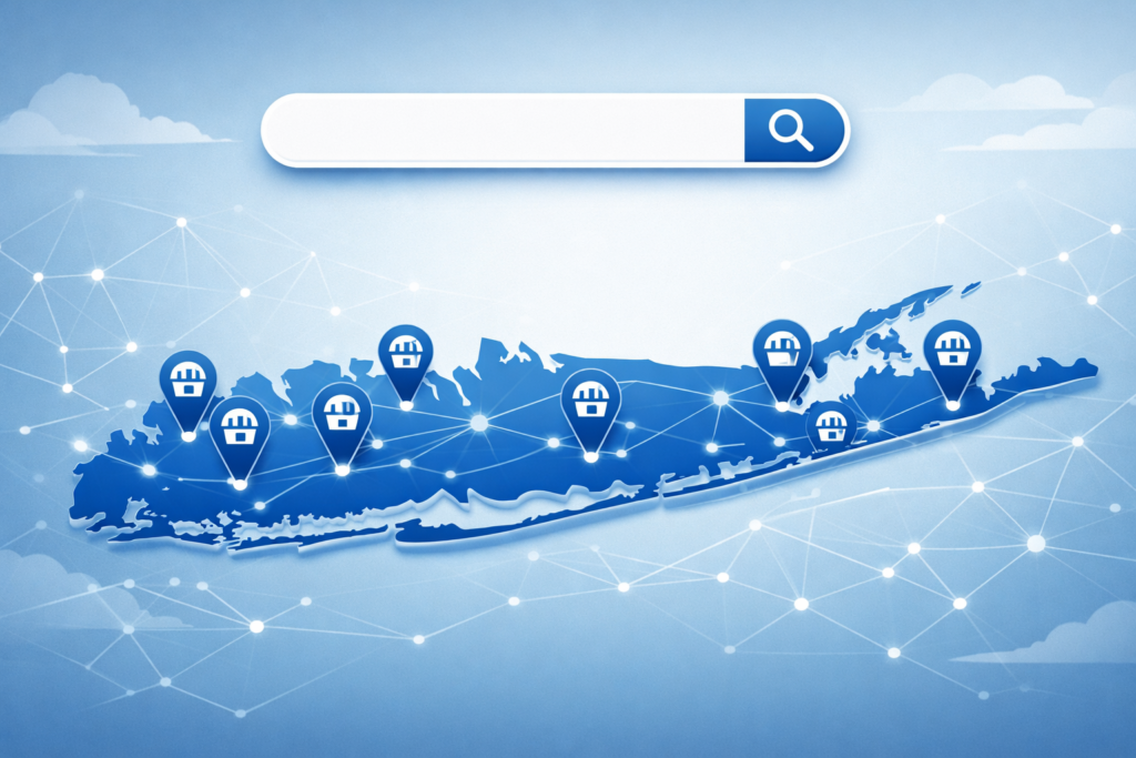 Blue map of Long Island dotted with storefront location pins beneath a search bar, set against a network of connected nodes.