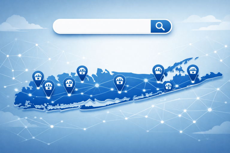 Blue map of Long Island dotted with storefront location pins beneath a search bar, set against a network of connected nodes.