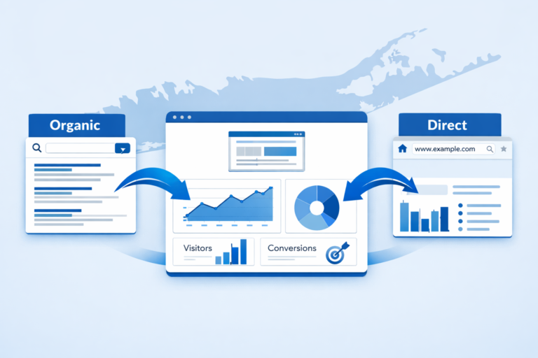 Illustration of an Organic search panel and a Direct URL bar feeding blue arrows into a central analytics dashboard with line and bar charts.
