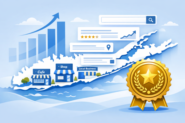 Illustration of a Long Island map with cafe and shop storefronts, a rising bar graph, search bars, star ratings, and a gold award badge.
