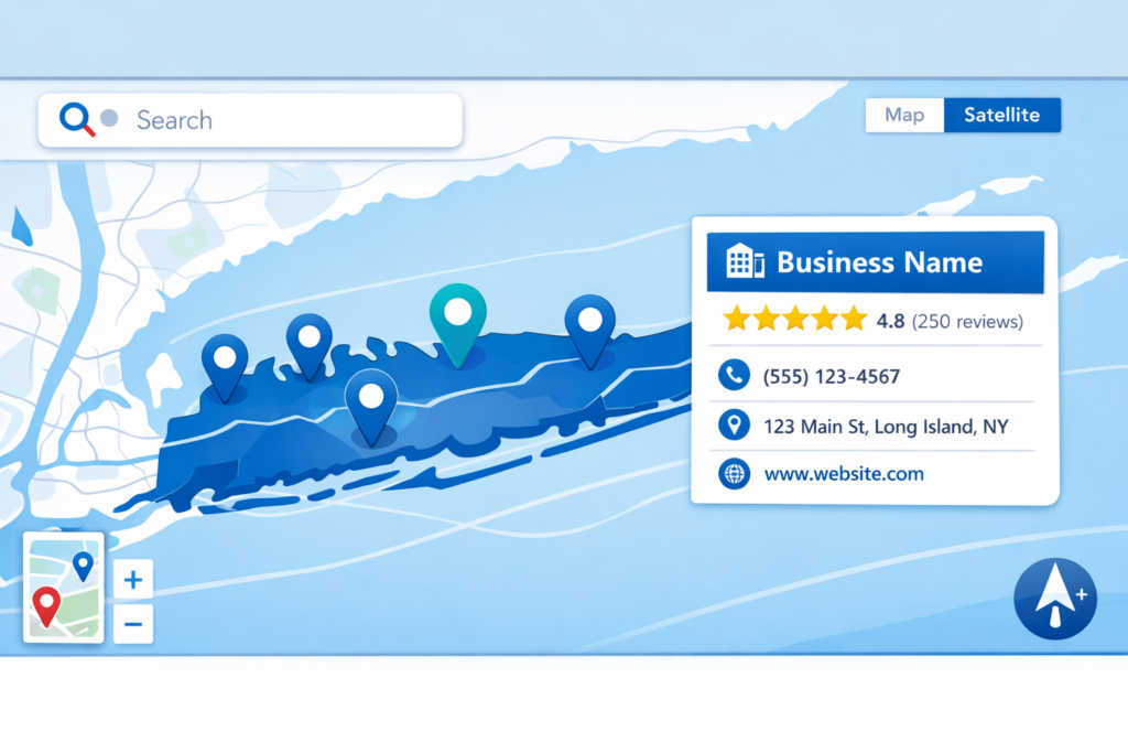 Illustrated map of Long Island with location pins and a business profile card showing 4.8-star rating, phone, and address.