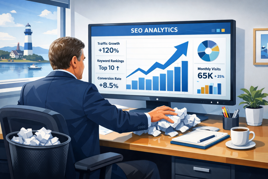 Businessman at a desk viewing an SEO Analytics dashboard with a rising bar graph, beside a pile of crumpled paper and coffee.