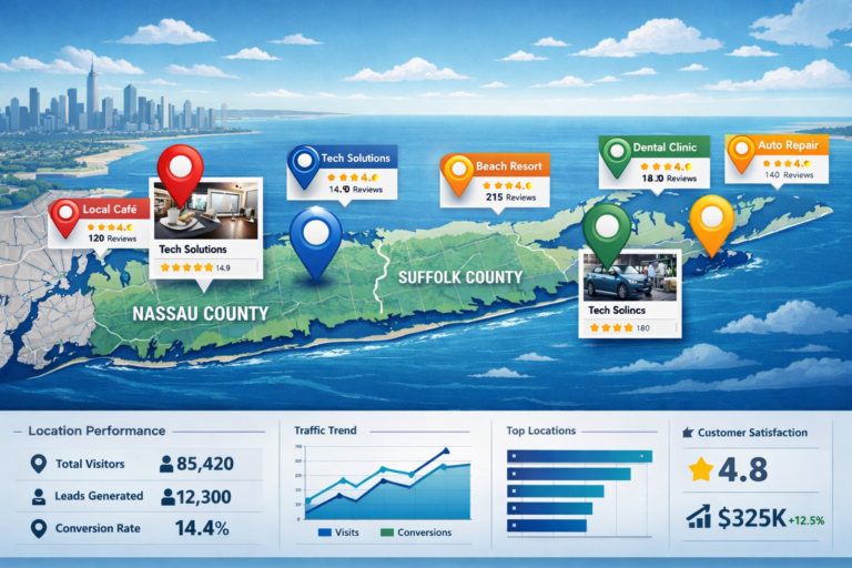 Map of Nassau and Suffolk County with colored location pins for local businesses above a dashboard showing visitor, traffic, and conversion metrics.