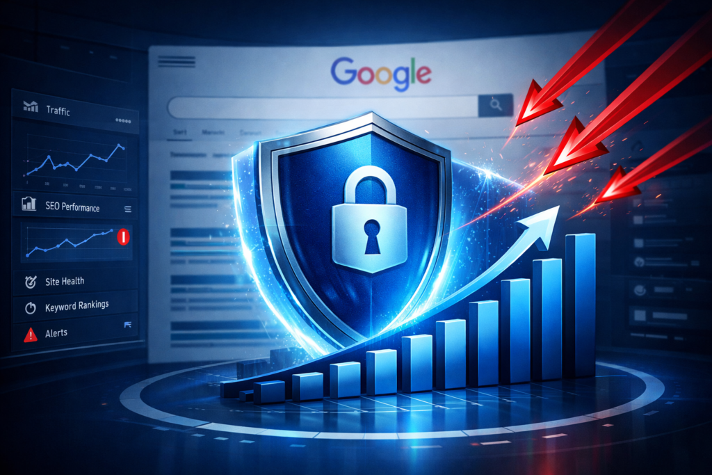 Blue padlock shield deflecting red attack arrows over a rising bar chart and Google search bar on an SEO analytics dashboard.