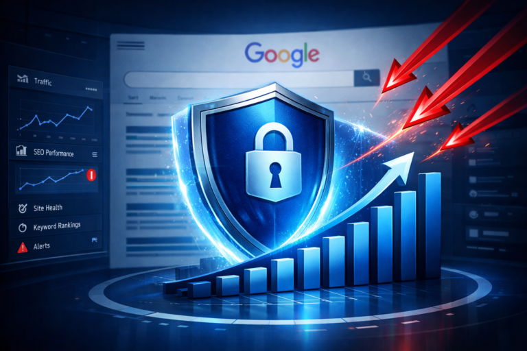 Blue padlock shield deflecting red attack arrows over a rising bar chart and Google search bar on an SEO analytics dashboard.