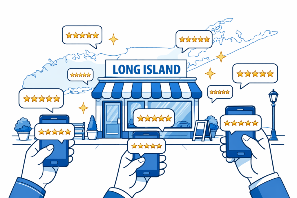 Illustration of a Long Island storefront surrounded by hands holding smartphones and floating five-star review speech bubbles.